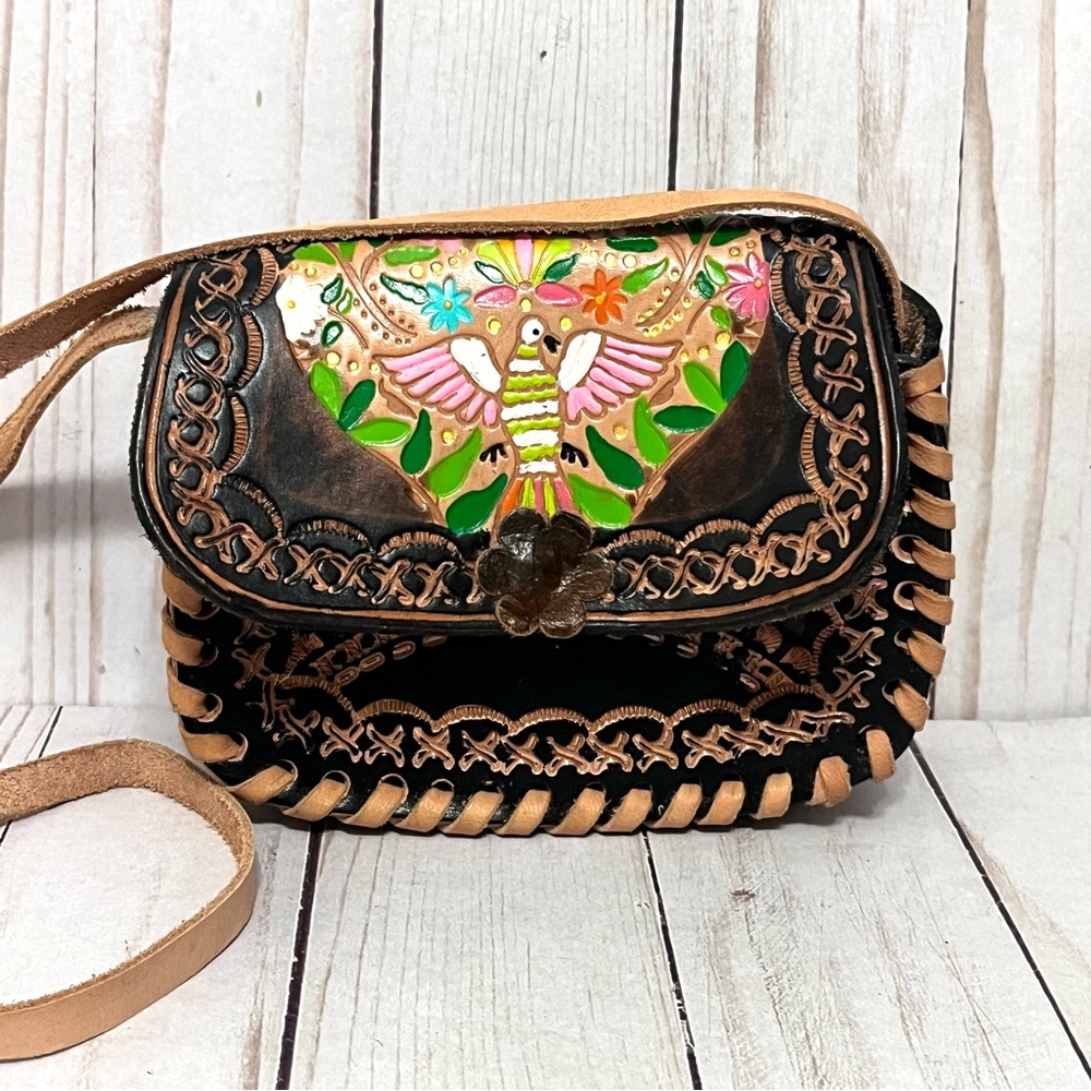 Boho Hand-Painted Leather Crossbody Mexican Folk Art Mini Saddle Bag